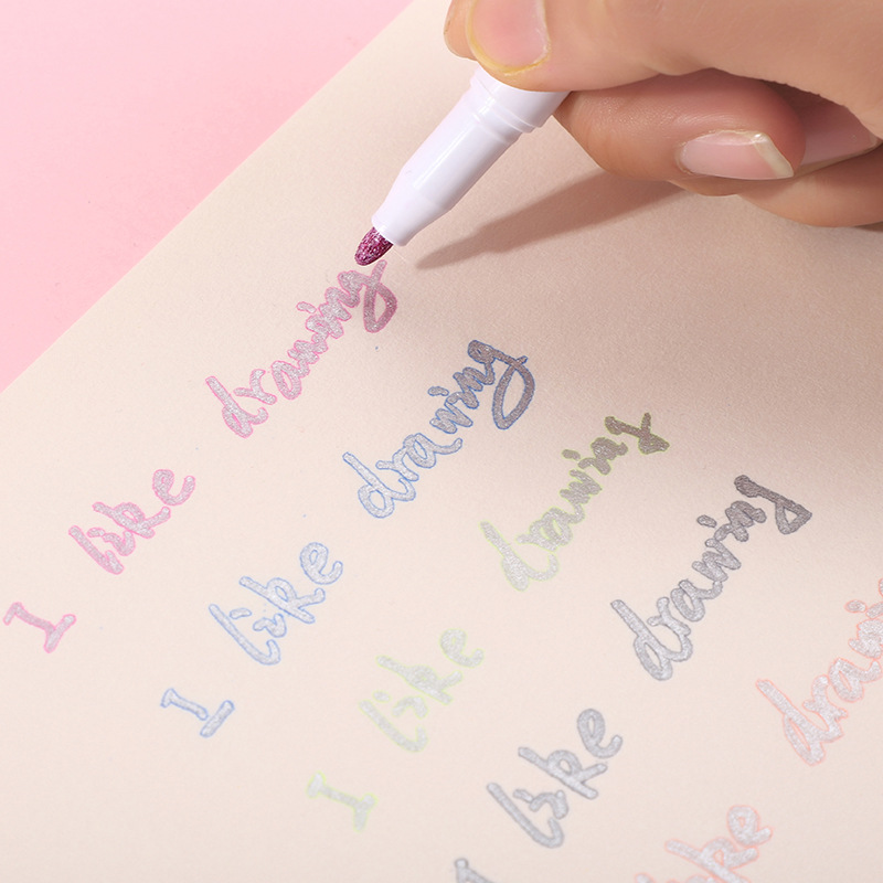 8pcs/set Double Line Contour Pen Glitter Color Fluorescent Marker Pen Metal Color Pen Handwriting Outline Pen Color Fluorescent Markers Office School Stationery Art Supplies—4