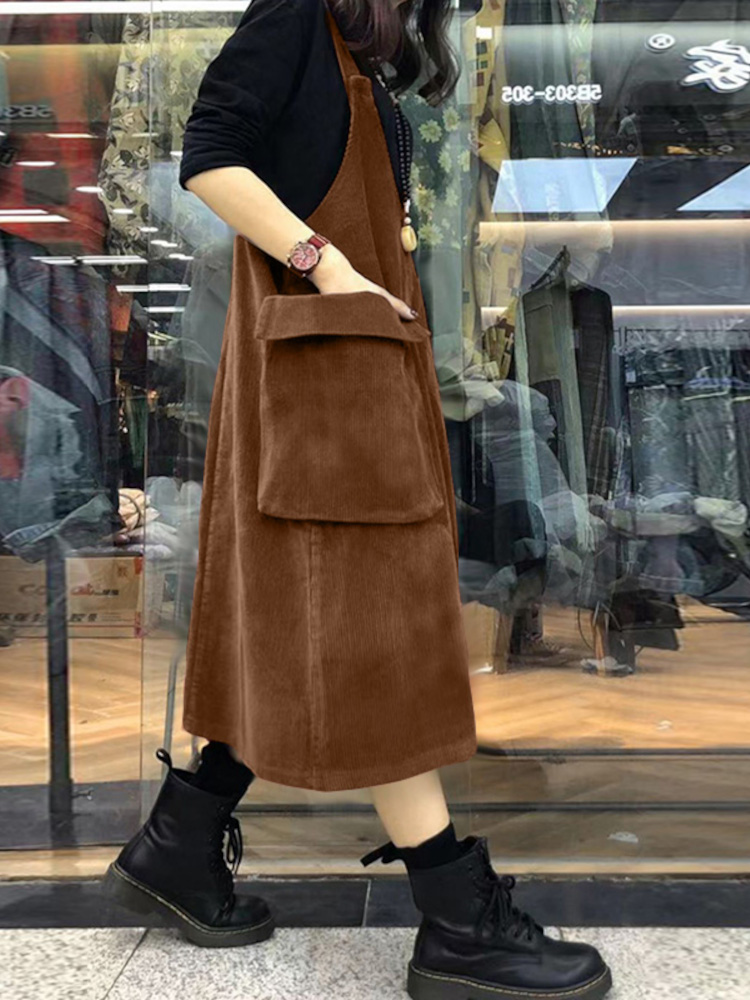 Women Corduroy V-Neck Sleeveless Solid Retro Casual Pockets Dress 2