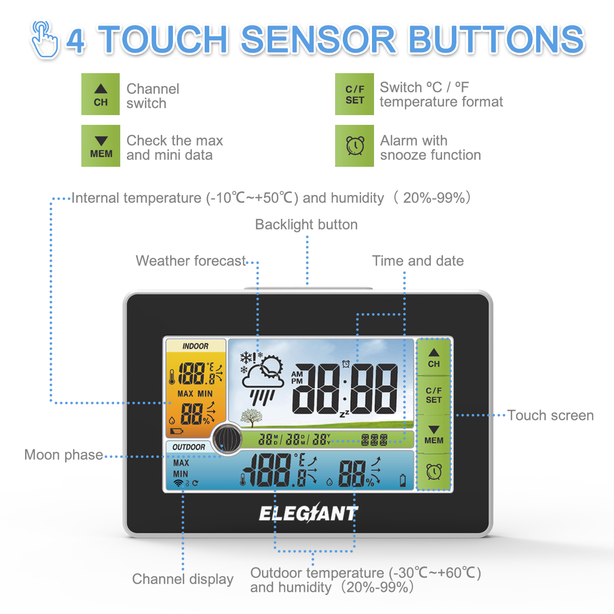 Find ELEGIANT EOX-9908 Touch Indoor Outdoor Weather Station Alarm Clock Calendar Wireless Sensor Forecast Thermometer Hygrometer for Sale on Gipsybee.com with cryptocurrencies