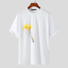 Hommes T-shirt Loose Flower Imprimé Respirant Manches Courtes Soft Blouse Tee Randonnée En Plein Air