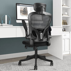Chaise de bureau ergonomique Hoffree DC06 avec dossier haut en maille, soutien lombaire et accoudoirs rabattables. Chaise pivotante pour ordinateur de bureau à domicile avec fonction d'inclinaison et appui-tête réglable