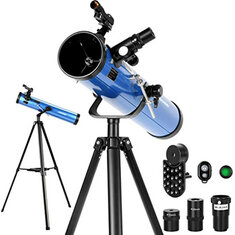 AOMEKIEの反射望遠鏡は、電話アダプタ、Bluetoothコントローラ、三脚、ファインダースコープ、月フィルタを備えた76mm / 700mmの天文初心者用です。