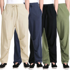Męskie spodnie ze sznurkiem Lniane i bawełniane luźne spodnie Yoga Proste długie spodnie Casual Piesze wycieczki Sport