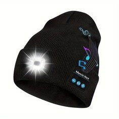 Bonnet Bluetooth avec lumière à LED Bonnet tricoté chaud unisexe 3 modes de lumière Étanche Rechargeable Sans fil Chapeau lampe de poche pour le camping, la course à pied, la pêche, le cyclisme