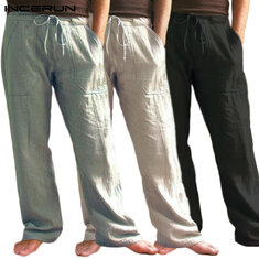 Pantaloni in lino e cotone da uomo, pantaloni dritti casuali, pantaloni sportivi con vita elastica per attività all'aperto e escursioni