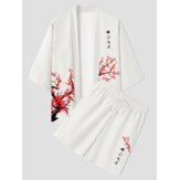 Mens Plum Bossom Japanese Print 3/4 Sleeve Kimono Two Pieces Outfits