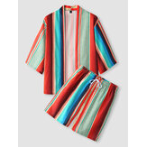 Original 
            Mens Colorful Stripe Print Kimono Ethnic Style Two Pieces Outfits