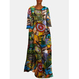 Multi-color Ethnic Print Long Sleeve Vintage Maxi Dress For Women