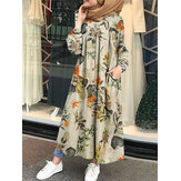 Цветочный узор Лист Кафтан-туника макси с принтом спереди на пуговицах Платье с боковыми карманами