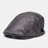 Men Genuine Leather Sheepskin Keep Warm Casual Universal Fold Solid Forward Hat Beret Hat