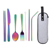 Set di posate da 8 pezzi: forchette, cucchiai, coltelli dritti e curvi, spazzola per la pulizia, acciaio inossidabile per picnic e campeggio