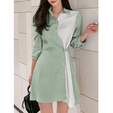 Contrast Color Irregular Button Lapel 3/4 Sleeve Shirt Dress