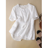 Original 
            Solid Short Sleeve Button Front Crew Neck Loose Blouse