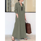 Women Retro Solid Color Turn-Down Collar Loose Casual Shirt Dress With Pocket
