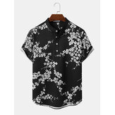 Mens Monochrome Floral Print Texture Short Sleeve Henley Shirts