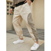 Men 100% Cotton Patchwork Color Block Elastic Waist Ankle Length Casual Pants