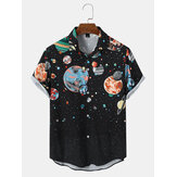 Men Galaxy Planet Print Black Lapel Shirts