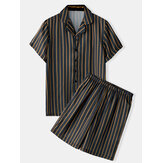 Men Stripe Print Turn Down Collar Breathable Short Sleeve Shirts Casual Shorts