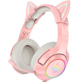 Casque filaire ONIKUMA Haut-parleurs dynamiques stéréo Réduction de bruit Casque lumineux RGB rose Oreilles de chat réglables sur les écouteurs Casque de jeu avec microphone 3,5 mm