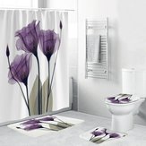 4Pcs Waterproof Home Bathroom Bath Mat Set Anti Slip Rugs Toilet Lid Cover Shower Curtain