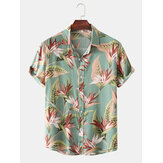 Chemises à manches courtes en coton à imprimé floral et col à revers pour hommes pour des vacances à Hawaï