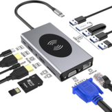 Bakeey Potrójny wyświetlacz 14 w 1 Adapter stacji dokującej USB-C Hub z ładowarką bezprzewodową 5 * USB 3.0 / 10 W / 100 W Type-C PD / podwójny wyświetlacz HDMI 4K HD / gniazdo audio VGA / 3,5 mm / RJ45 Port sieciowy / czytniki kart pamięci