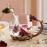 Emaille Glass Rose Flower Tea Cup Set Lepel Koffiekop Koude Dranken Mok