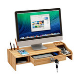 Деревянный стол для монитора компьютера с поднятыми полками для клавиатуры на рабочем столе офиса