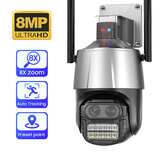 Câmera IP de segurança binocular sem fio com lente dupla 4MP + 4MP, zoom 8X, rastreamento automático de pessoas, visão noturna IR colorida, áudio bidirecional, monitoramento remoto através do aplicativo.