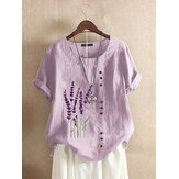Floral Embroidery O-neck Short Sleeve Button Vintage T-shirts For Women