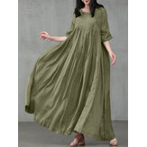 Kobiety w stylu vintage z bawełny w jednolitym kolorze plisy z pół rękawa Swing Maxi sukienki