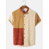 Camisas con cuello de abuelo de patchwork de panel de bloque de color de pana para hombre