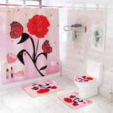 Cortina de ducha impermeable con estampado de rosa Alfombra antideslizante para baño Cubierta para inodoro Alfombra de baño Decoración