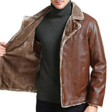 Mens Faux Leather Fleece Lining Thick Warm Suit Collar Casual Jacket