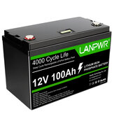 [UE Direct] LANPWR 12V 100Ah 1280W LiFePO4 Batterie lithium Pack de batterie de secours 1280Wh Énergie 4000+ cycles profonds BMS intégré de 100A Poids léger de 24.25lb Support en série parallèle pour remplacer la plupart des batteries de secours RV Bateaux Solaire Moteur de traînage hors réseau