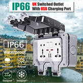 Wetterfeste Aussenwandsteckdose IP66 mit doppelter Universal-/UK-Steckdose und USB-Ladeanschluss