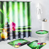 Cortina de ducha para baño de bambú con guijarros de 180x180 cm y ganchos, tapa para inodoro y alfombra (4 piezas)