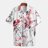 Men Oriental Plum Blossom Print Short Sleeve Shirts