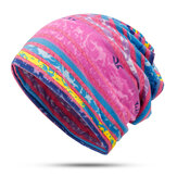 Women Cotton Earmuffs Rainbow Stripe Beanie Hat Scarf Outdoor Double Layers Skullcap