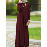 Vestido longo vintage com decote redondo, botões e mangas bufantes longas de cor sólida para mulheres
