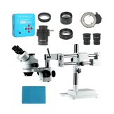 Microscopio stereo trinoculare con doppio braccio, zoom Simul Focal 3.5X 7X 45X 90X + Microscopio con fotocamera da 21MP per riparazione PCB industriale