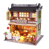 DIY Wooden Dollhouse With Furniture LED Light Kits Miniature Chinese Teahouse Building Model Puzzle Toy Festival Gift
