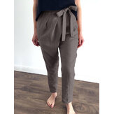 Women Cotton Solid Color Lace-up Design Elastic Back Waist Casual Pants