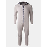 Mens Splicing Plaid Cute Hooded Button Up Front One Piece Jumpsuits Home Sleepwear