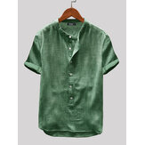 Camisas Henley casuales de manga corta de color sólido de lino y algodón para hombres