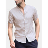 Men Linen Short Sleeve Shirt Beach Loose Soft Casual Collarless Shirt Tops Blouse