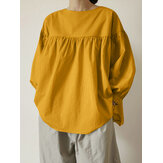 Свободная однотонная повседневная плиссированная блузка с круглым вырезом и длинными рукавами большого размера для Женское