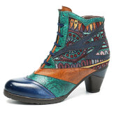 SOCOFY Bohemian Splicing Pattern Block Zipper Ankle Leather Boots Shoe