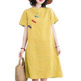 Short Sleeve Stand Collar Pleated Spliced Plaid Casual Dress For Women