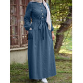 Frauen Einfaches lange Ärmel Maxikleid mit Knopfleiste, Schnürung, elastischen Manschetten und Tasche